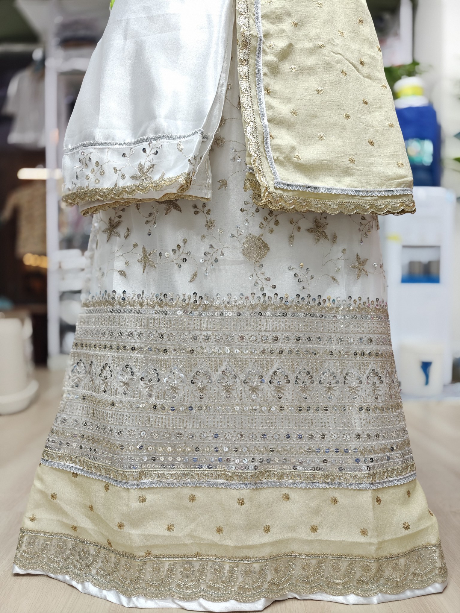  White Golden Silk Full Net Lace Ghagra Rida Cum Jori RCJ